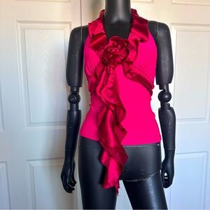 3D Floral ruffled tops sleeveless red stretch 
xs